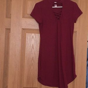 A burgundy midi dress.